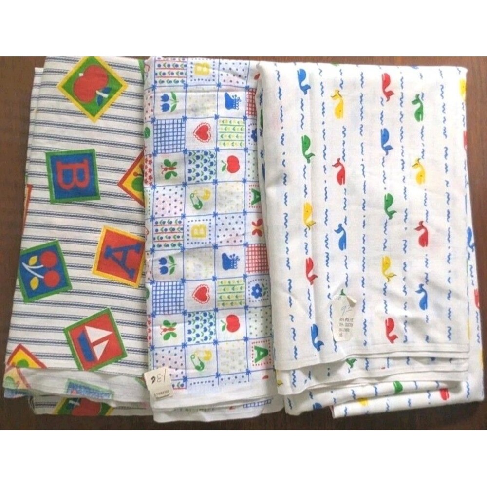 Vintage Childrens Fabric Primary Colors ABCs Whales Patchwork Ticking 3 Pieces